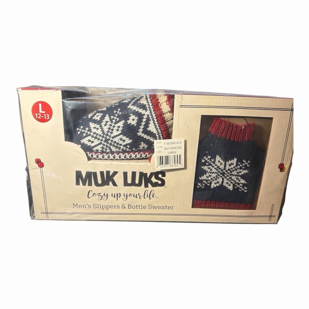 NEW Muk Luks Men's Rib Knit Navy Scuff Slippers w/ Bottle Sweater Large 12-13